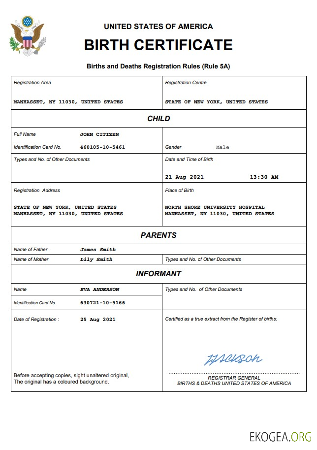 Modèle Word et PDF d'acte de naissance aux États Unis